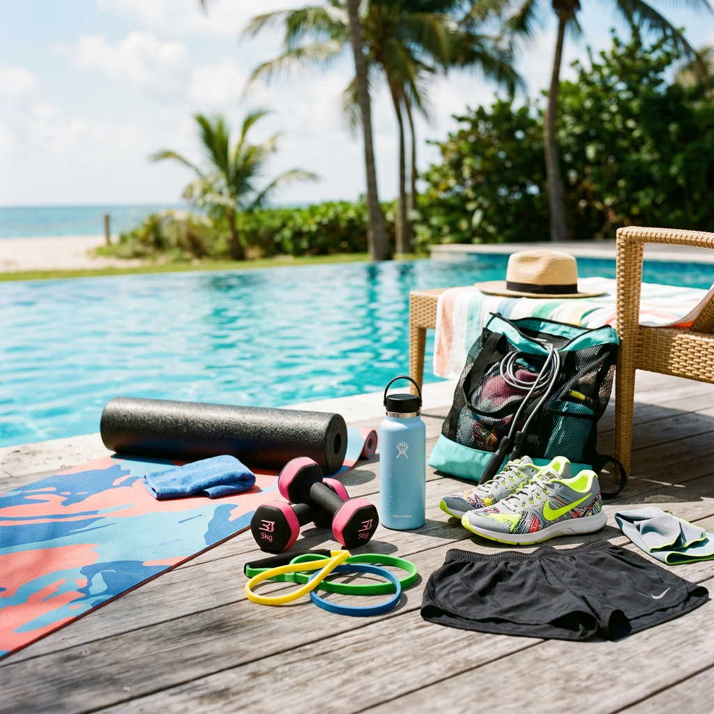 Workout mat, foam roller, dumbbells, resistance bands, water bottle, running shoes, shorts, and a hat next to a pool